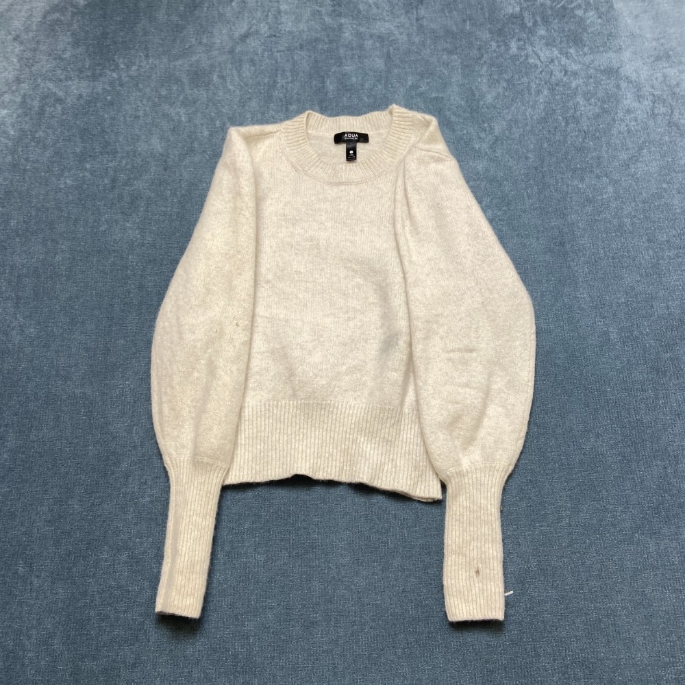 Aqua Cashmere Sweater Womens Small Beige Puff Sleeves Crew Neck Warm Winter